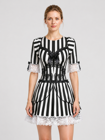 Black and White Striped Halloween Dress with Lace Costume Dresses detail 3