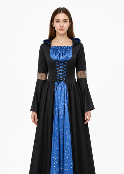 Long Hooded Dress with Stars and Crisscross Lacing
