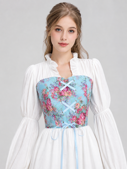 White Long Dress with Floral Print and Lace-Up Detail