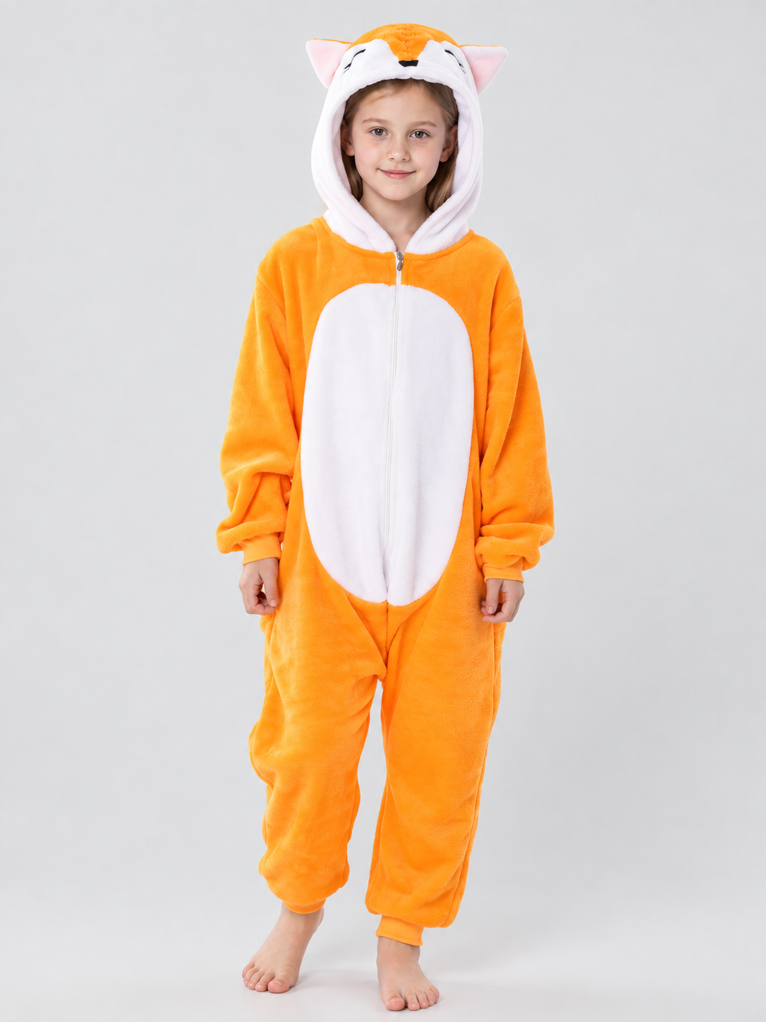 Hooded Pajama Jumpsuit with Ears, Orange and White