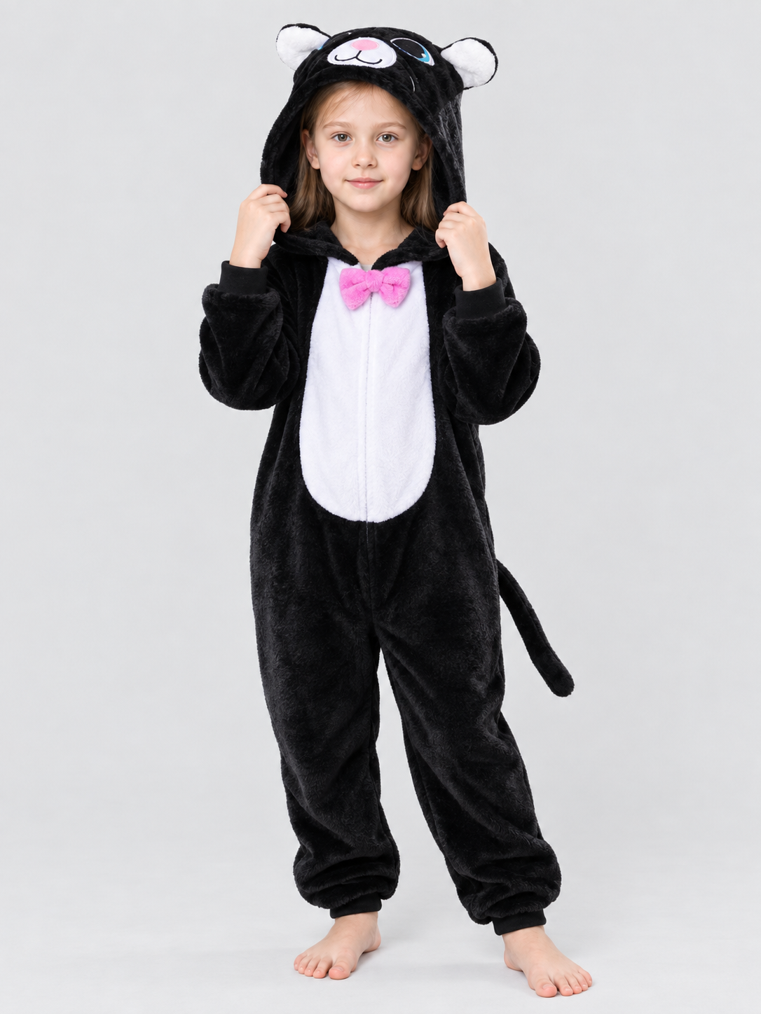 Black Flannel Pajama Jumpsuit with Hood and Ears