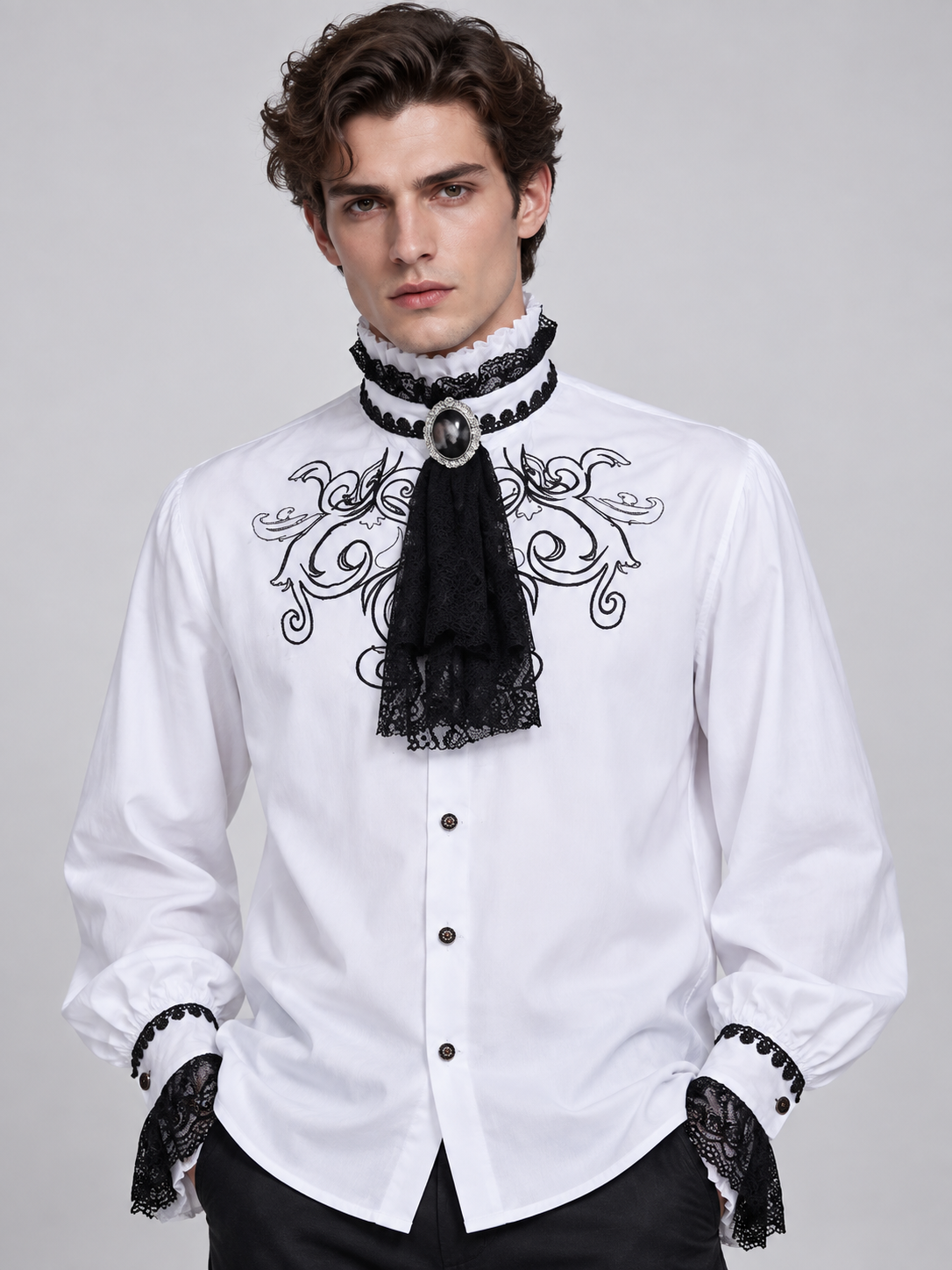 White Gothic-Style Shirt with Lace and Jabot