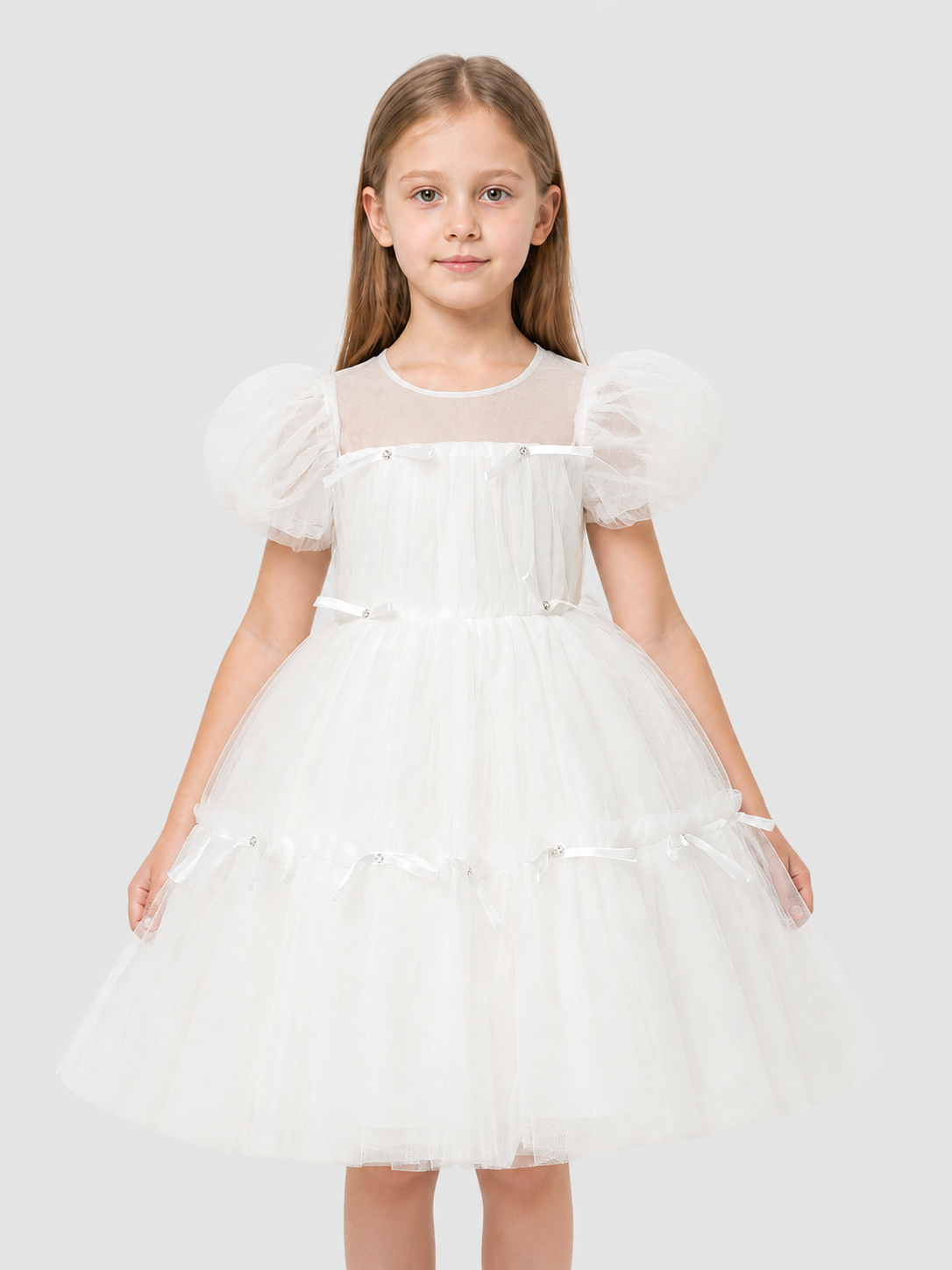 White Princess Dress with a Full Skirt and Bows Costume Dresses detail 3