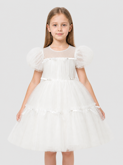 White Princess Dress with a Full Skirt and Bows Costume Dresses detail 3