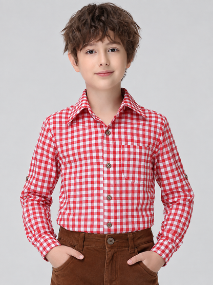 Red and white plaid shirt with a polyester collar