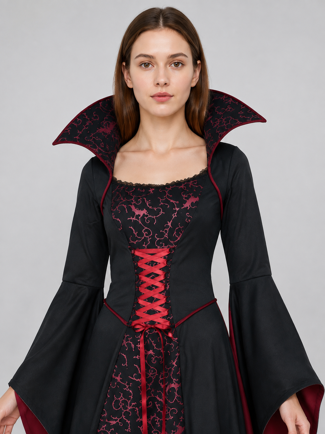 Floor-Length Gothic Dress with Red Pattern Costume Dresses detail 2