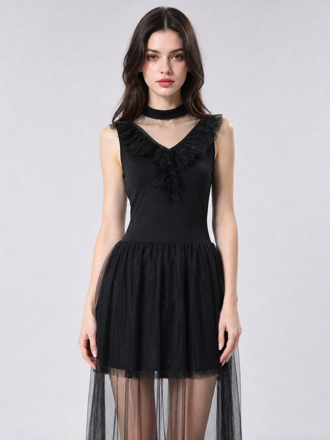 Black Gothic-Style Dress with Veil and Gloves Costume Dresses detail 3