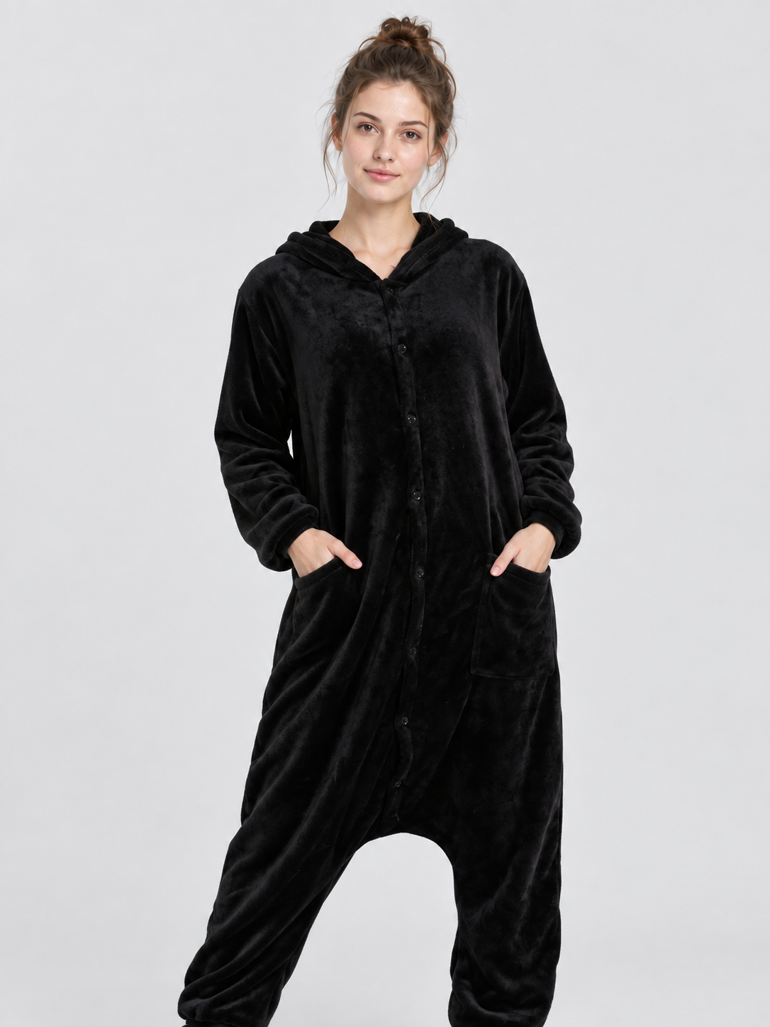Black Flannel Hooded Pajama Jumpsuit