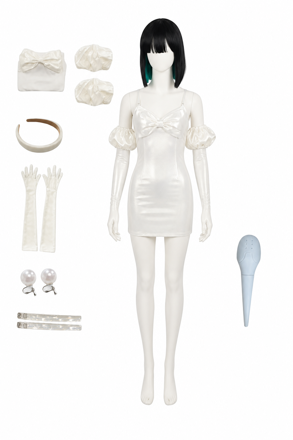 White Cosplay Costume with Bow and Wig Costume Wigs detail 3