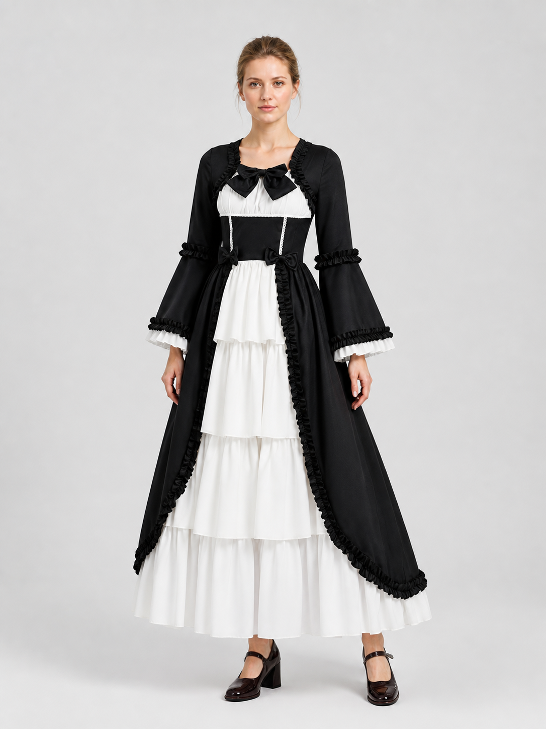Renaissance-Style Retro Dress, Black and White, with Ruffles Costume Dresses detail 3