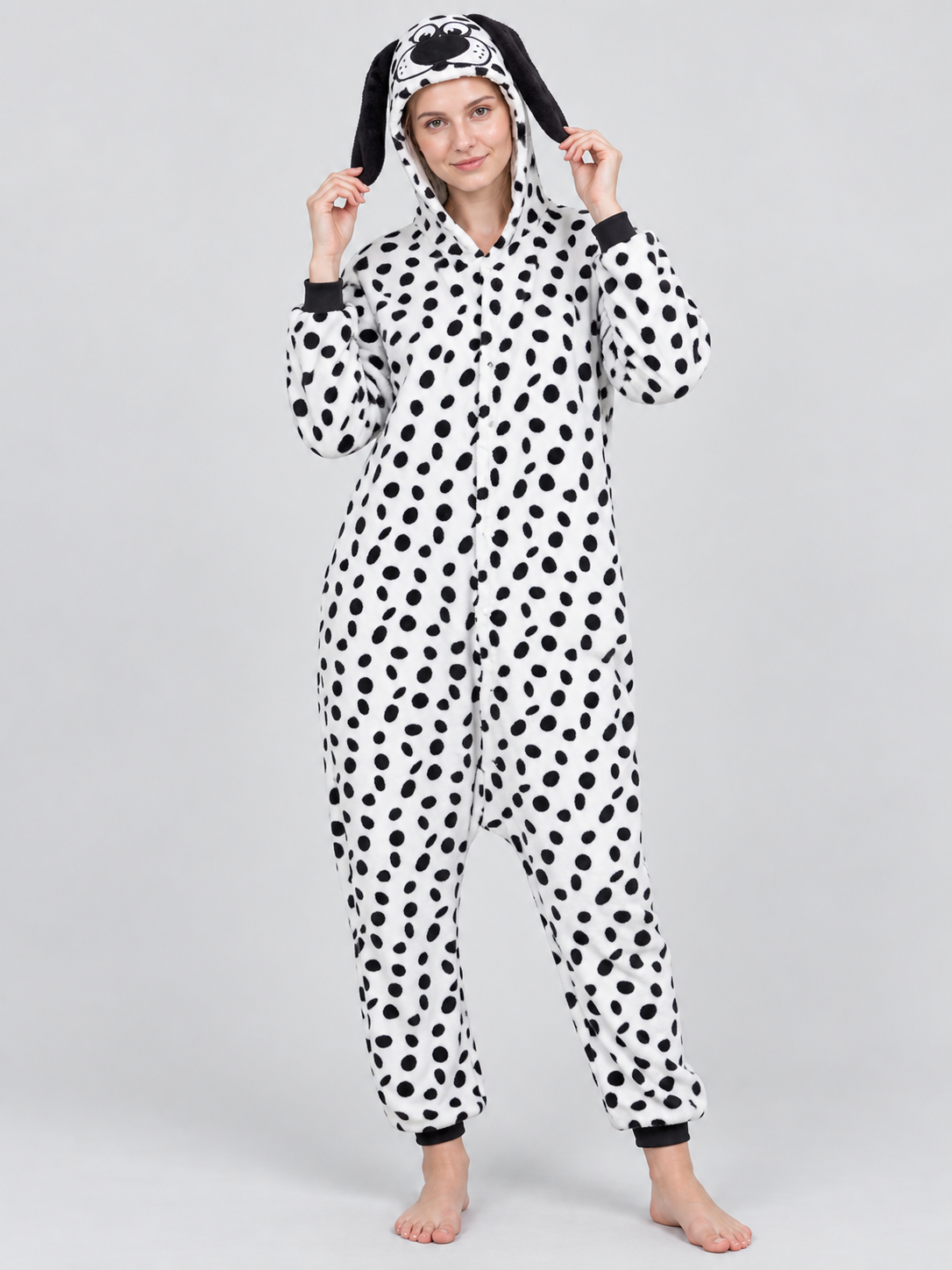 Pajama Jumpsuit with Dog-Face Hood and Black Spots