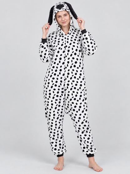 Pajama Jumpsuit with Dog-Face Hood and Black Spots