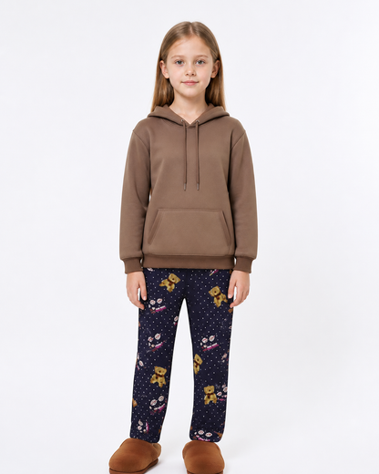 Hooded Pajama Set, Navy Polka-Dot Pants with a Bear upper body view