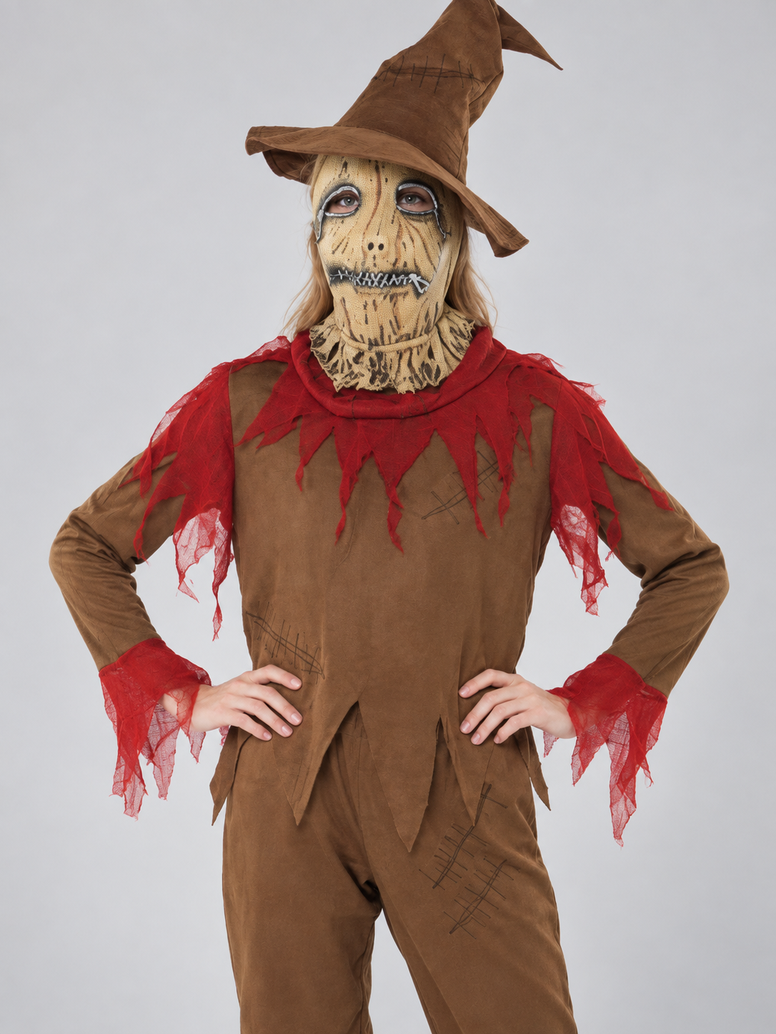 Scarecrow Costume with Mask, Hat, and Red Inserts