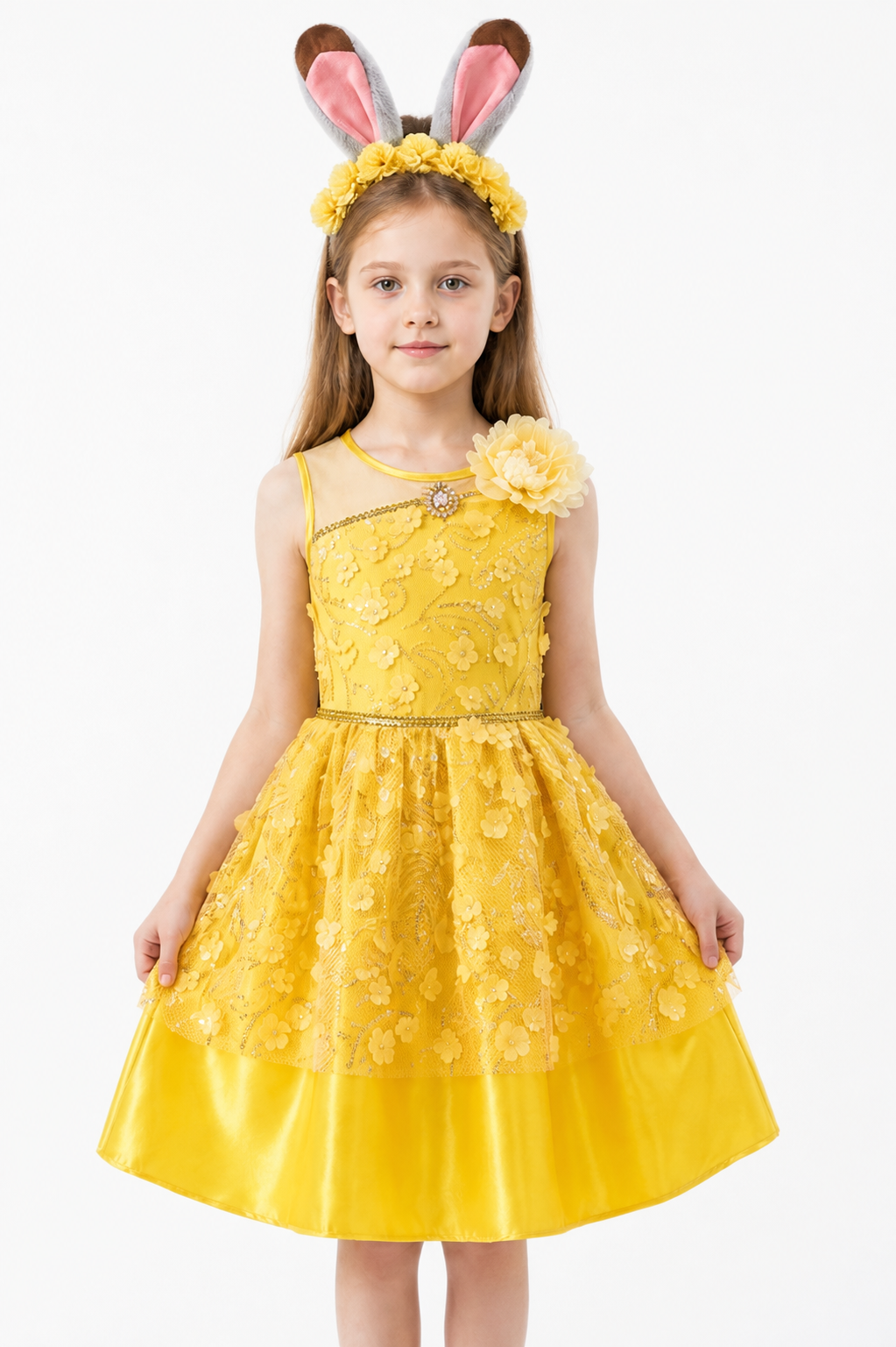 Yellow Cosplay Dress with Floral Decor Costume Dresses detail 3