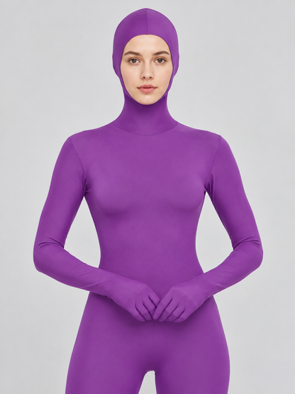 Purple form-fitting jumpsuit costume