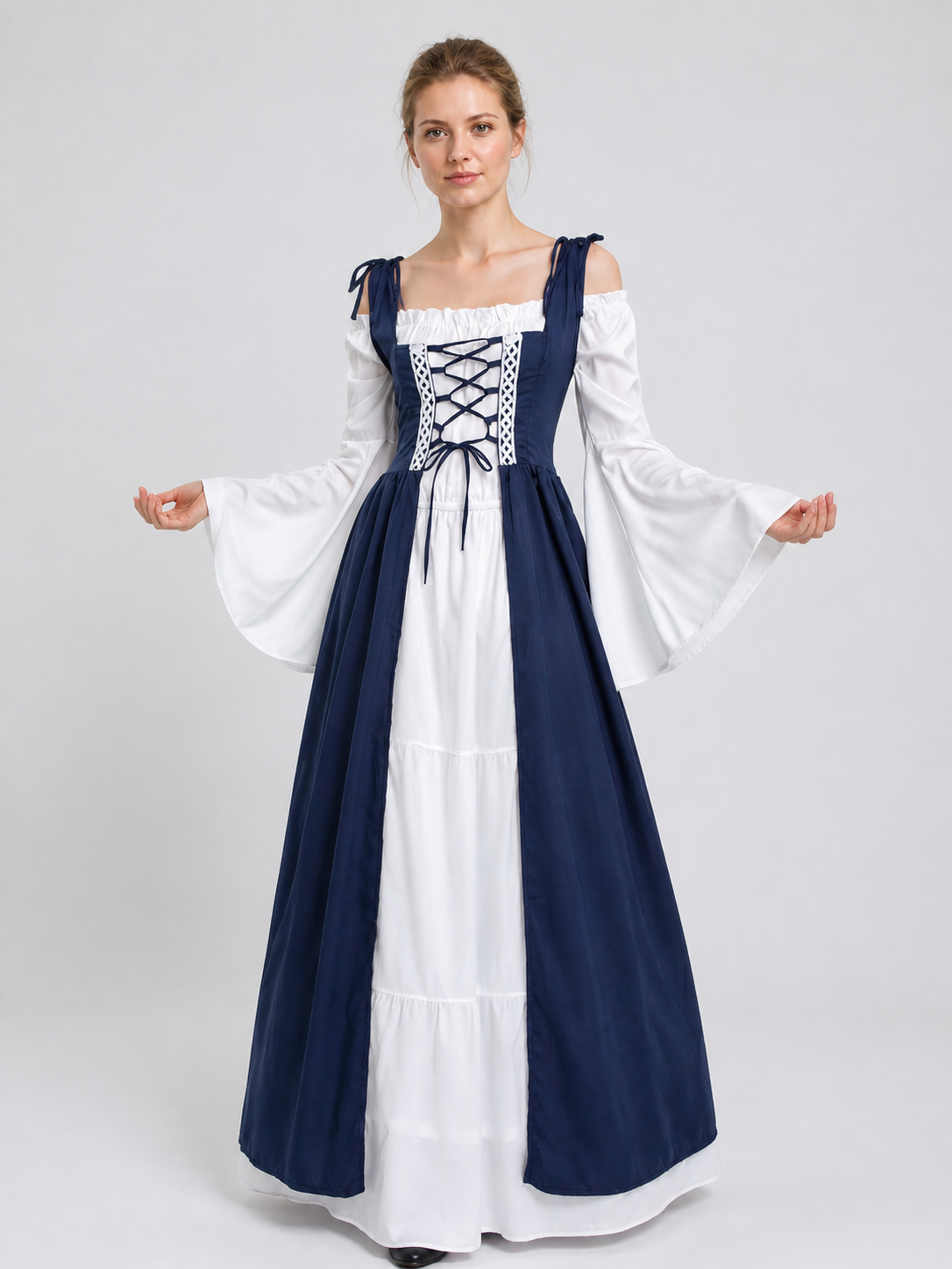 Retro Stage Dress with White Sleeves, Blue, M-XXL