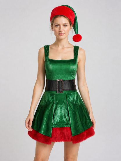 Red and Green Christmas Elf Costume with Hat and Belt Costume Headwear detail 3