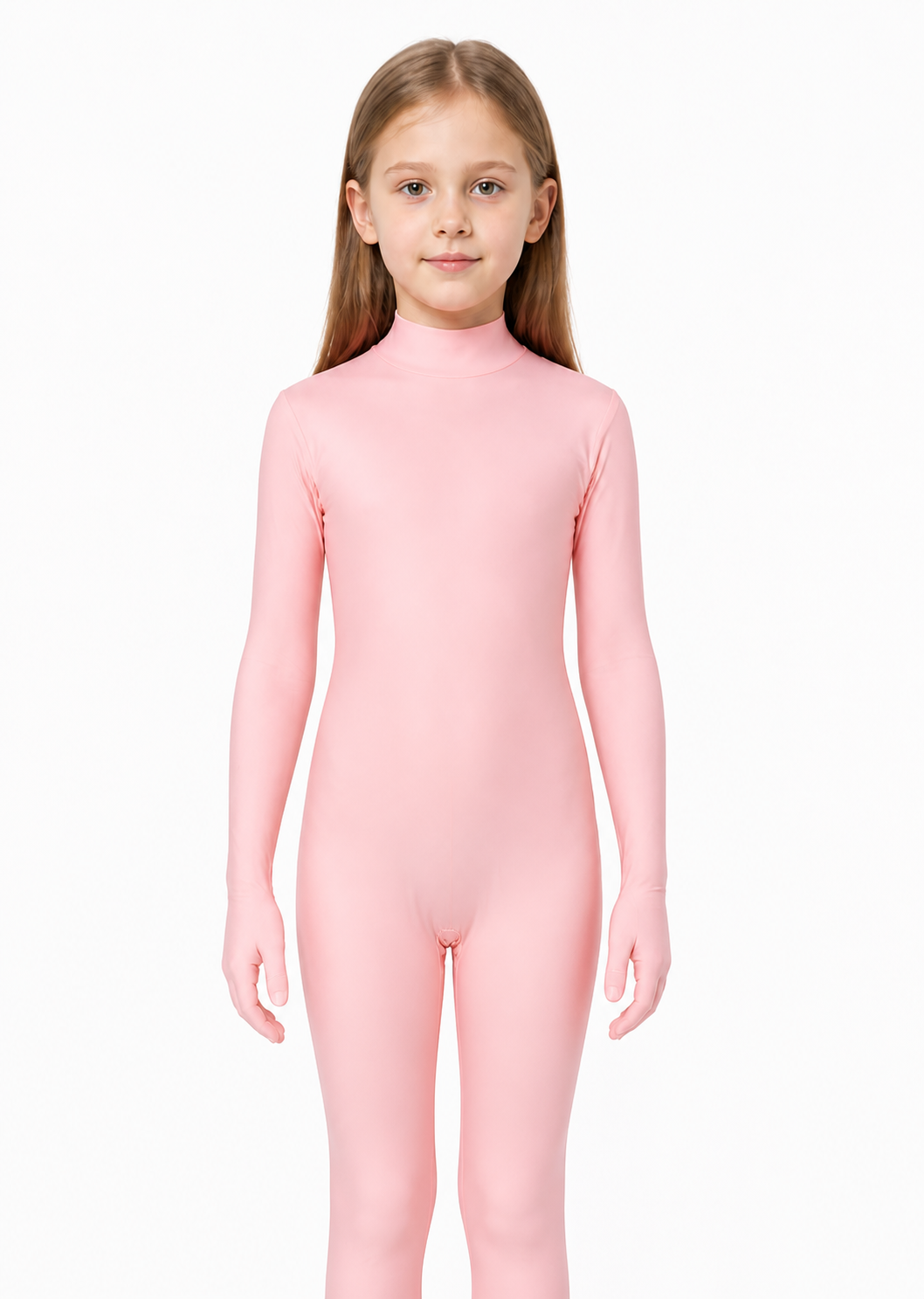 Pink jumpsuit with an open face, gloves, and socks upper body view