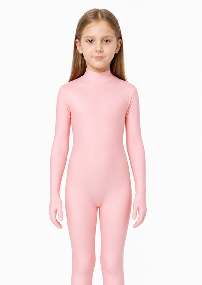 Pink jumpsuit with an open face, gloves, and socks upper body view