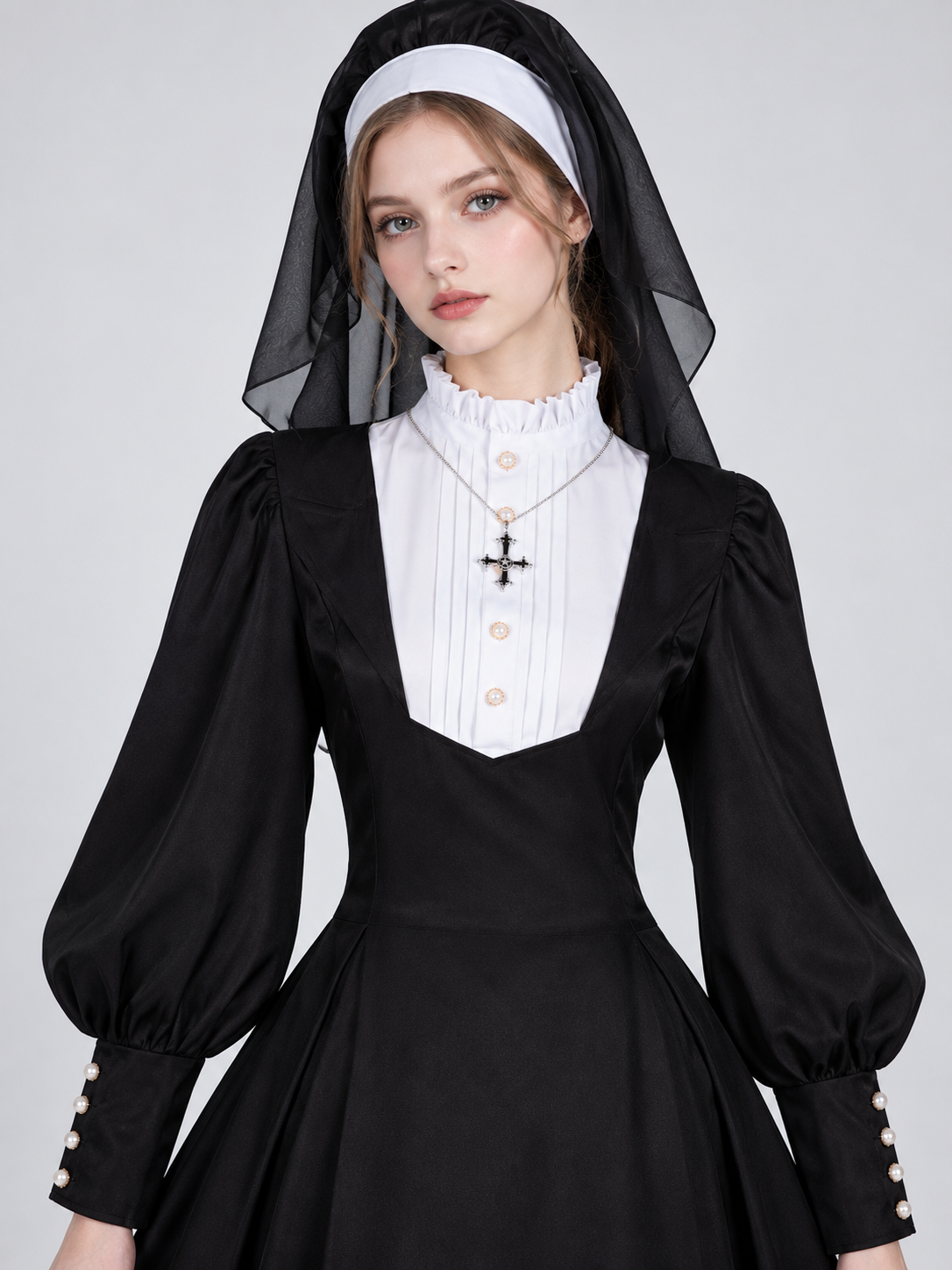 Black Nun Costume with White Insert and Cross