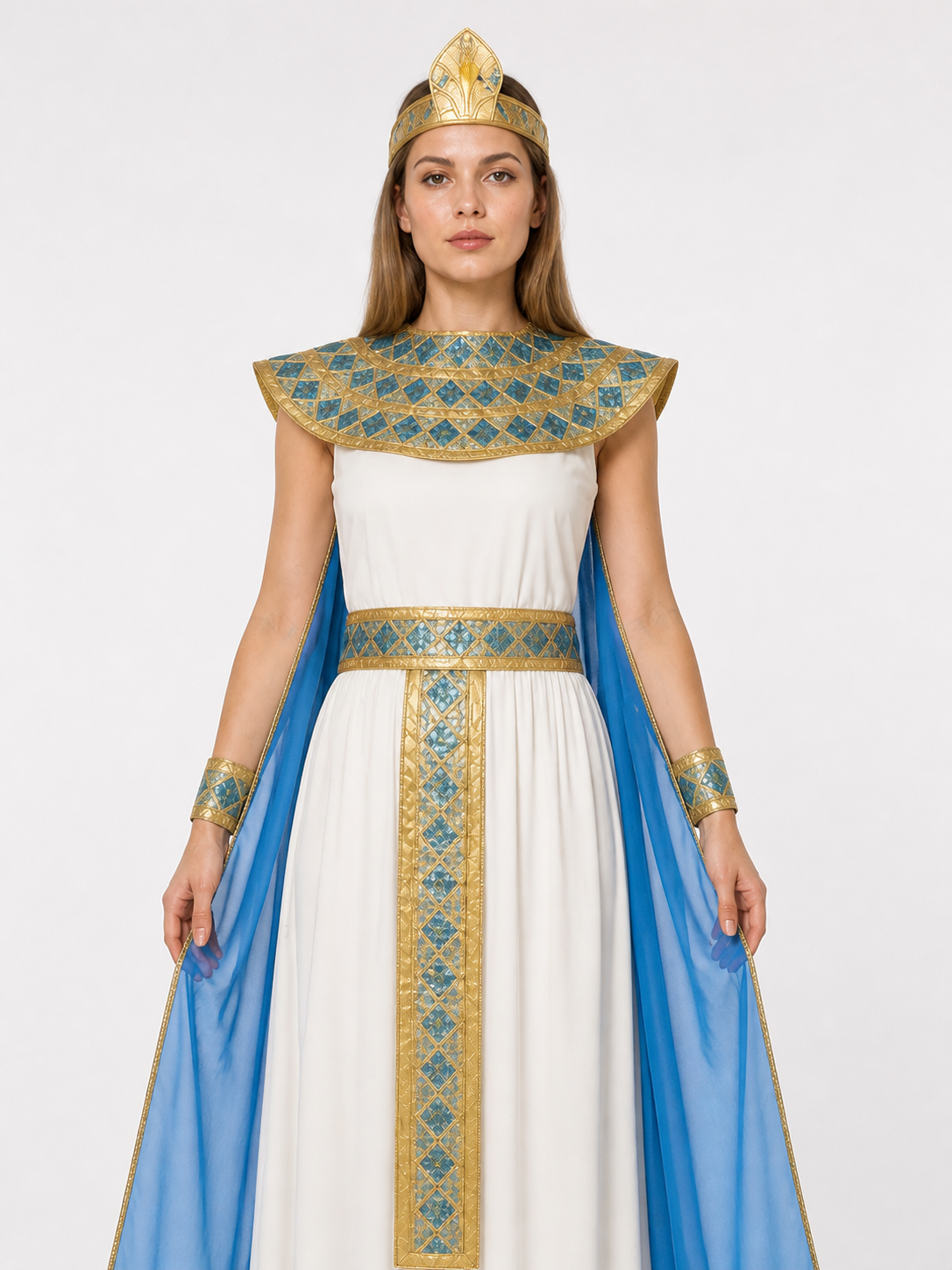 Cleopatra Costume with White Dress and Blue Cape Costume Dresses detail 3