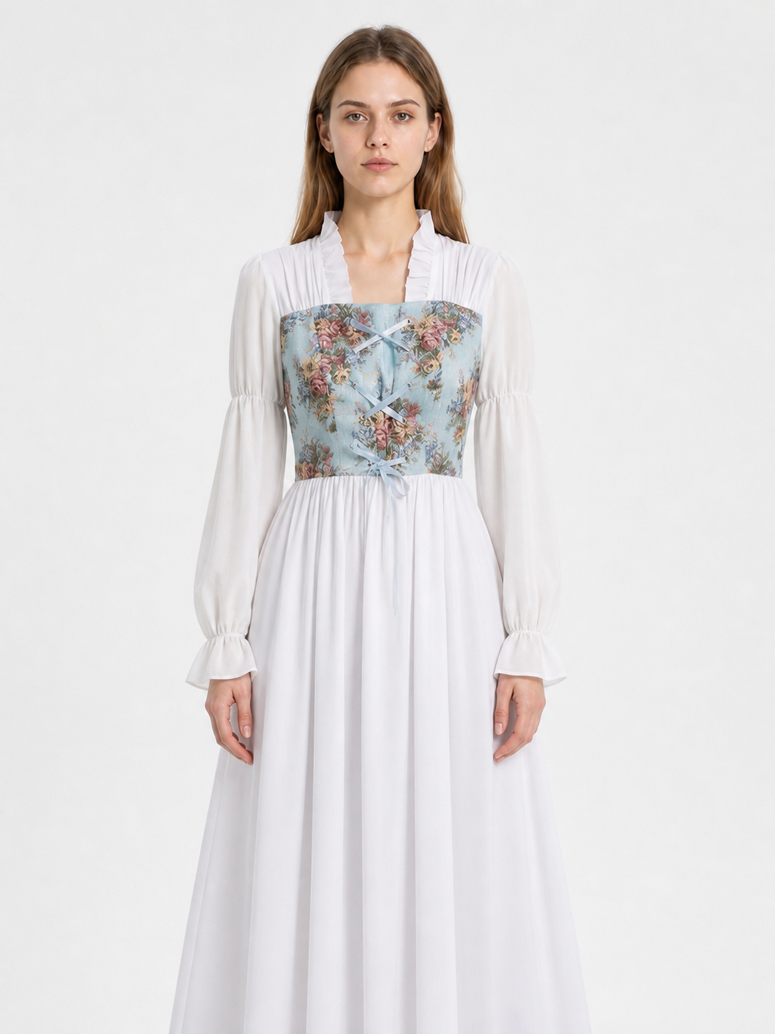 Long Retro Dress with Floral Print and Corset Costume Dresses detail 3