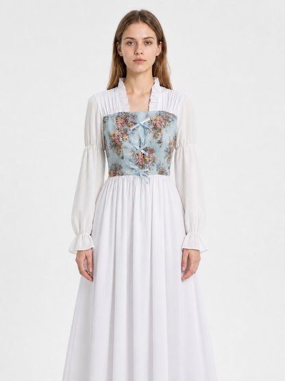 Long Retro Dress with Floral Print and Corset Costume Dresses detail 3
