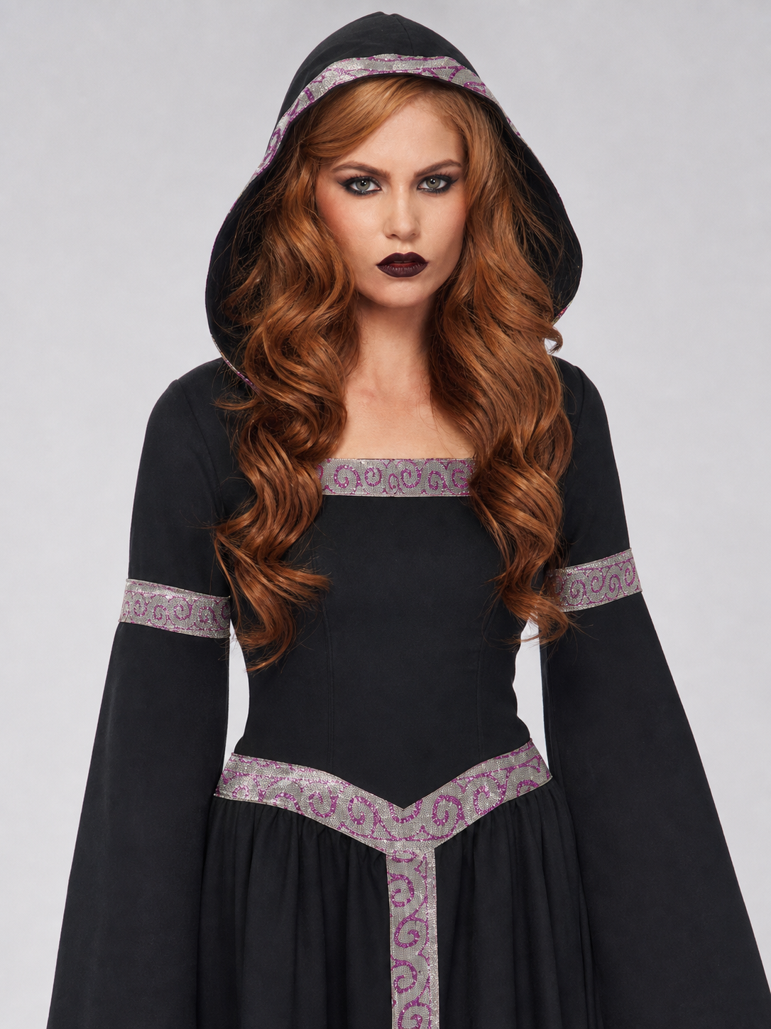 Black Gothic-Style Dress with a Hood and Wide Sleeves