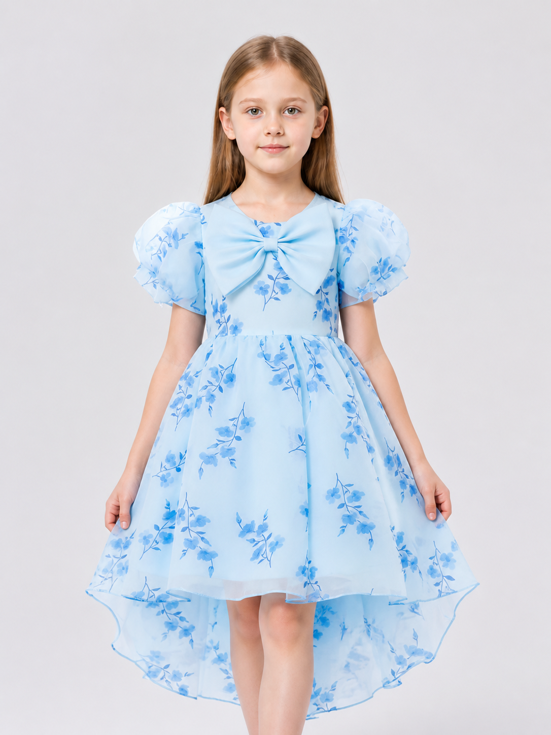 Fancy Dress with Light Blue Floral Print and Bow Costume Dresses detail 3