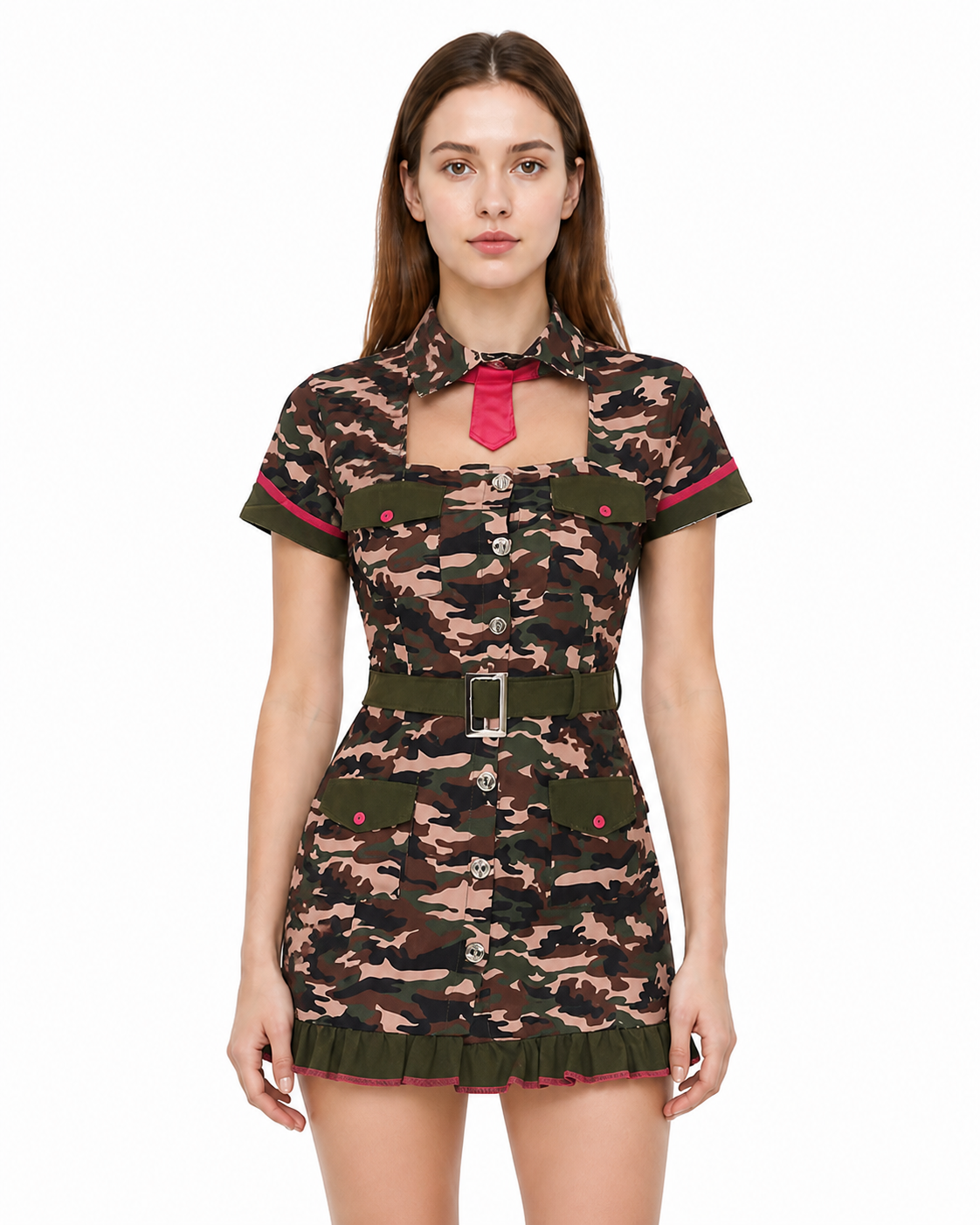 Camouflage military-style dress with short sleeves and a belt