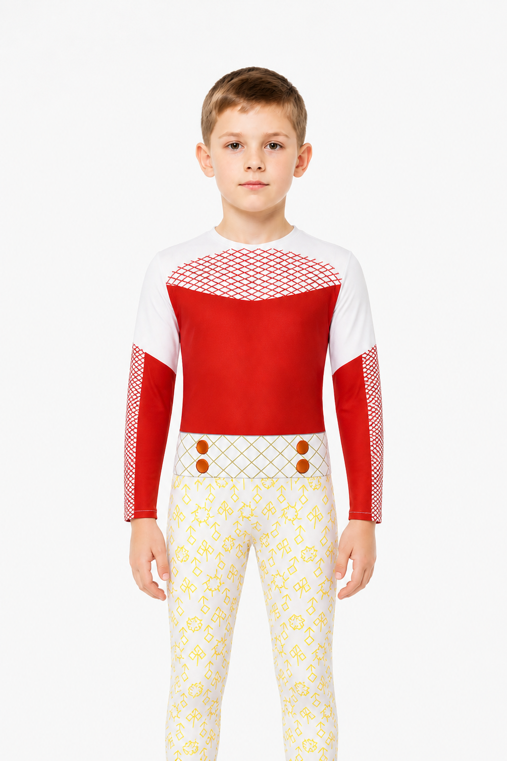 Zombie High Cosplay Jumpsuit in Red, White, and Yellow upper body view