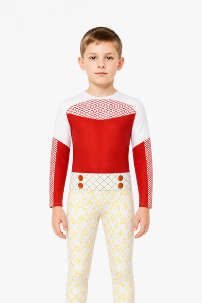Zombie High Cosplay Jumpsuit in Red, White, and Yellow upper body view