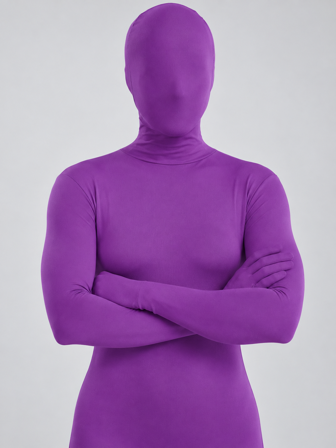 Purple jumpsuit costume with hood and long sleeves