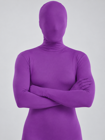 Purple jumpsuit costume with hood and long sleeves