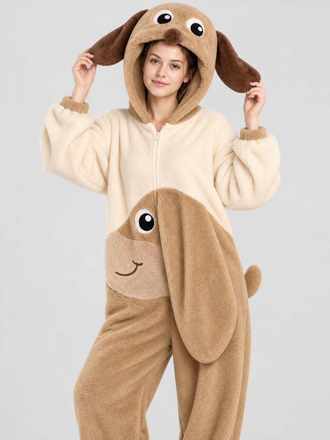 Loungewear jumpsuit with a hood, ears, and tail