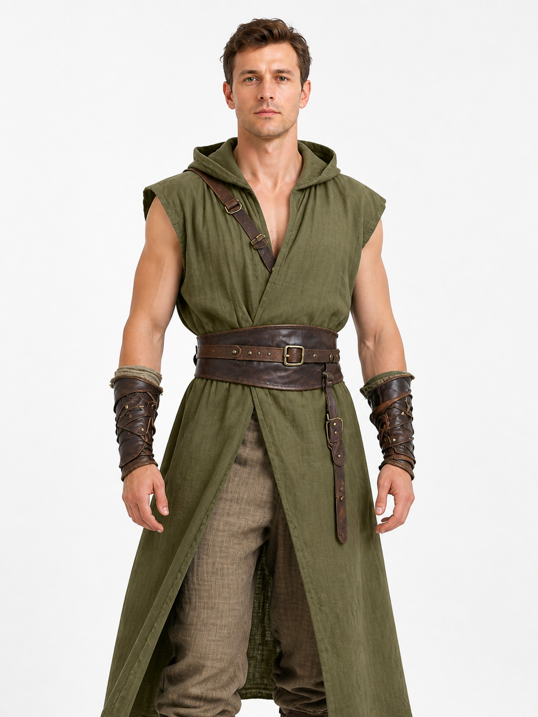 Long Sleeveless Hooded Tunic, Olive product detail 3