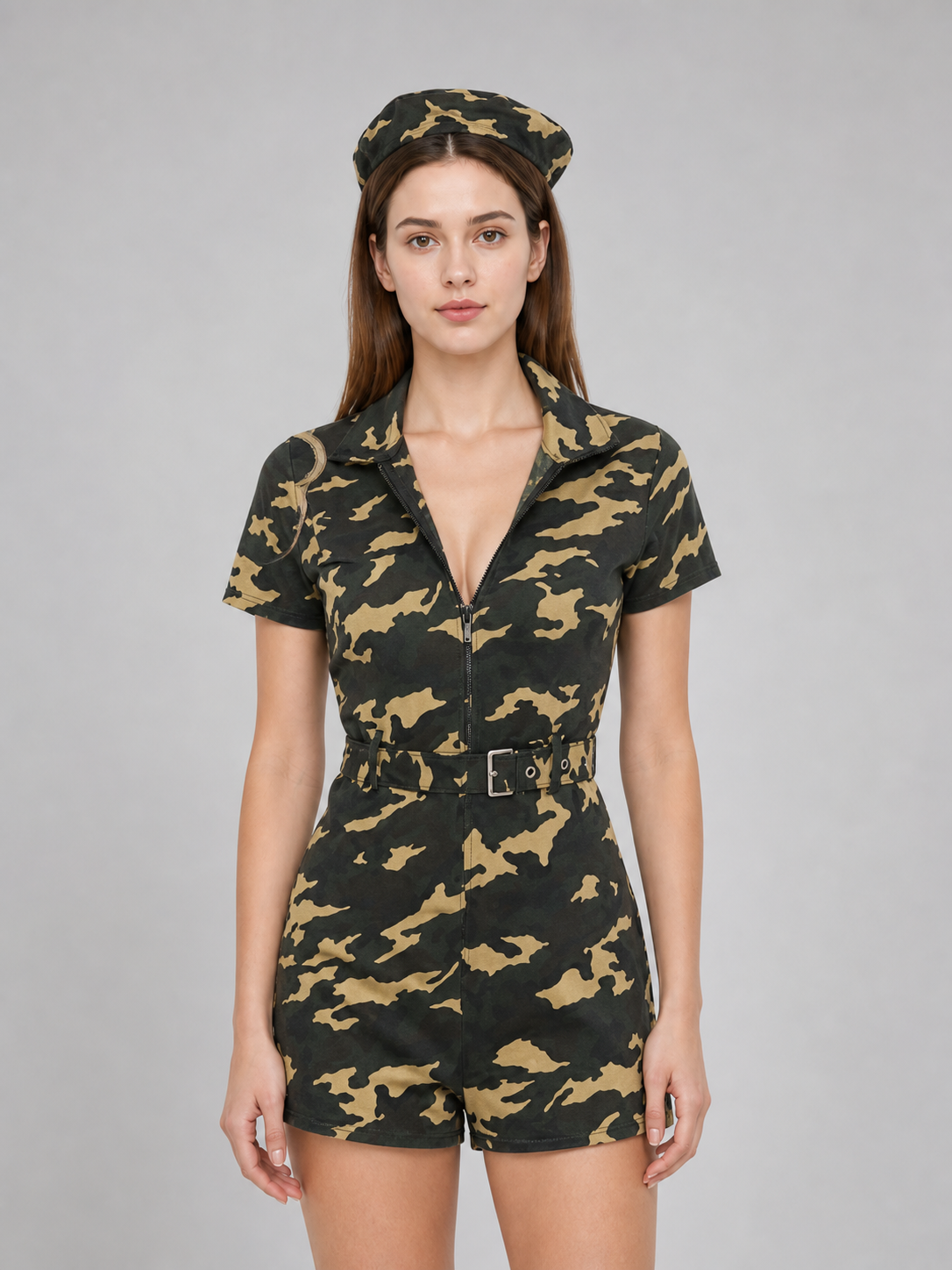 Camouflage Jumpsuit Costume with Cap and Belt