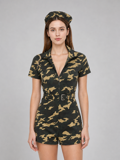 Camouflage Jumpsuit Costume with Cap and Belt