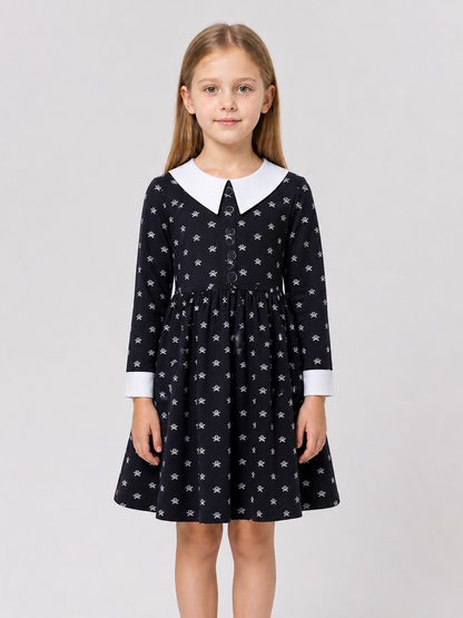 Black Dress with White Collar and Skull Print