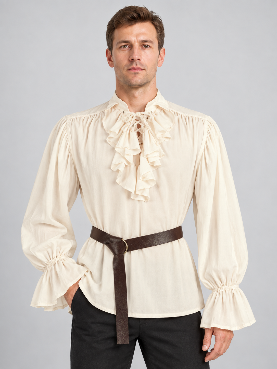 Beige shirt with a jabot, puffed sleeves, and a belt