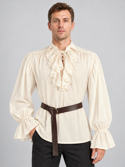 Beige shirt with a jabot, puffed sleeves, and a belt