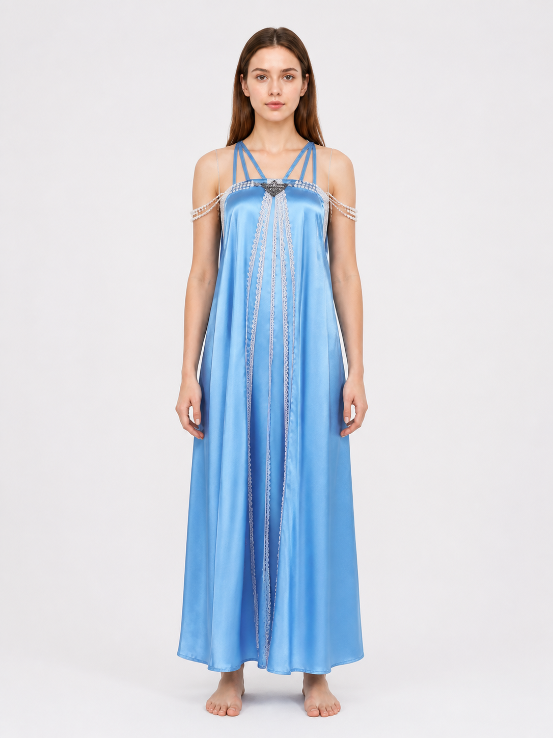 Long Light Blue Dress with Thin Straps Costume Dresses detail 3