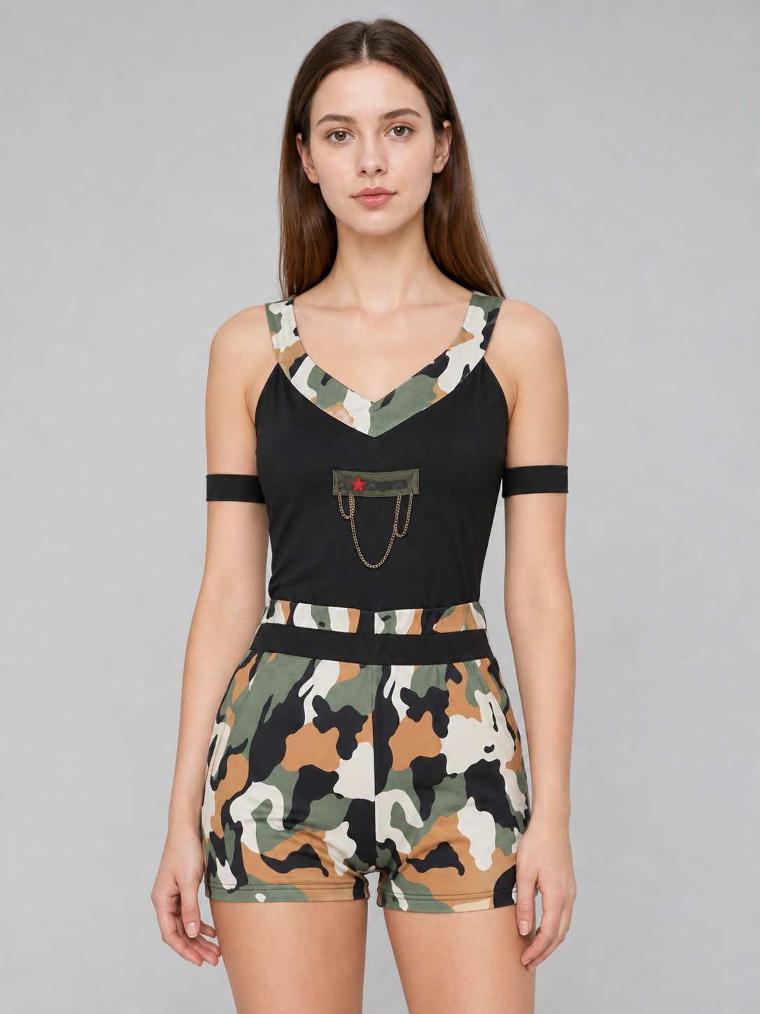 Camouflage cosplay jumpsuit costume with cap