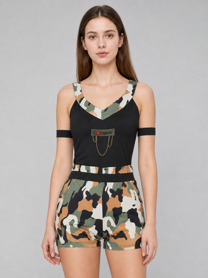 Camouflage cosplay jumpsuit costume with cap