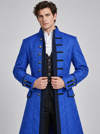 Long blue frock coat with black inset and buttons