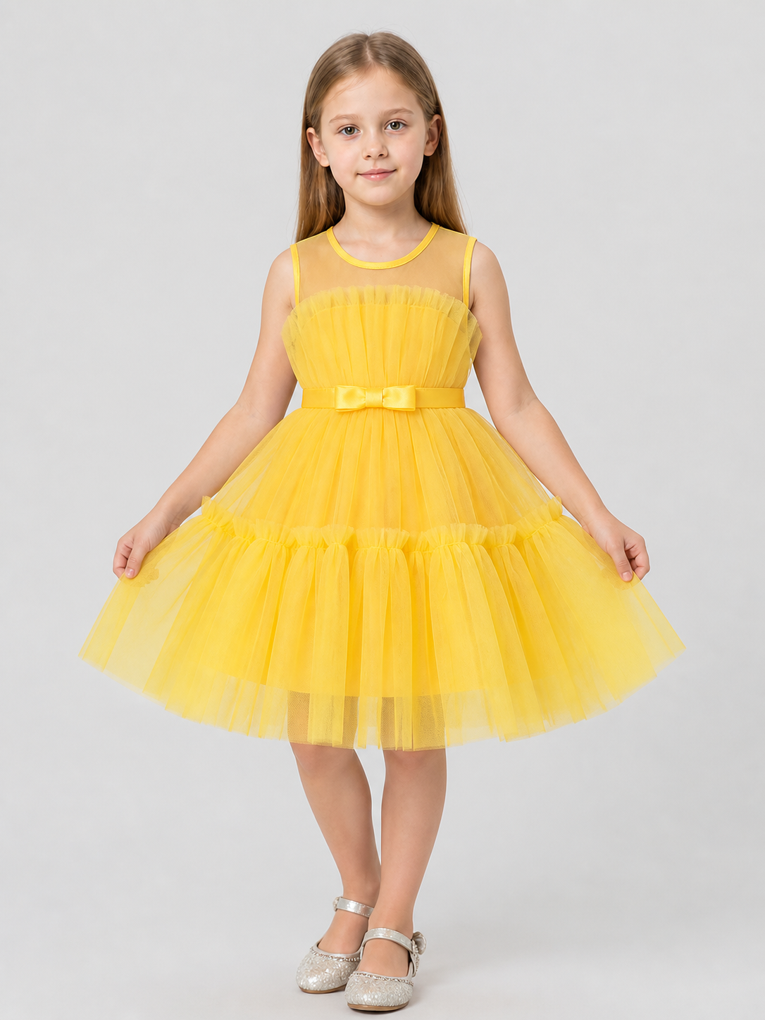 Yellow Princess Dress for Girls, Full Skirt, Bow Costume Dresses detail 3