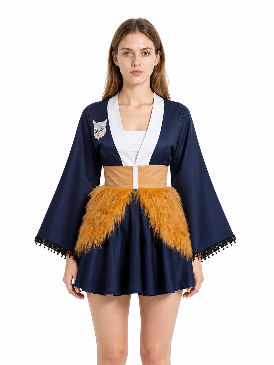Japanese-Style Dress with Flared Sleeves and Cat Print Costume Dresses detail 3