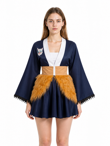 Japanese-Style Dress with Flared Sleeves and Cat Print Costume Dresses detail 3
