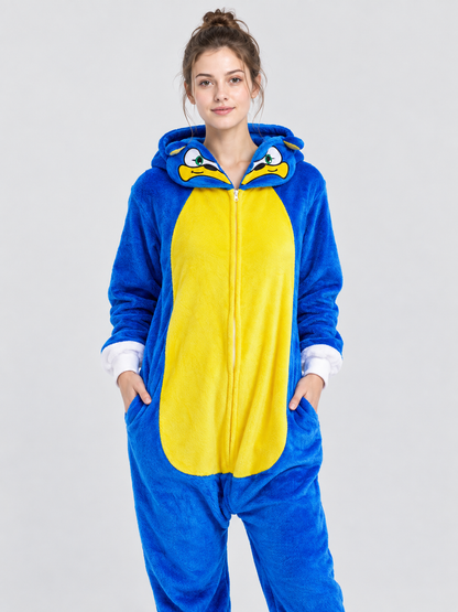 Blue Hooded Pajama Jumpsuit with Yellow Insert